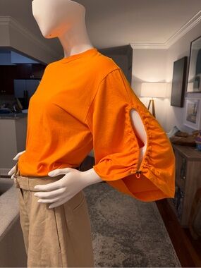 TOGA Pulla Bright Orange Ruched Open-Sleeve Long Sleeve Tee